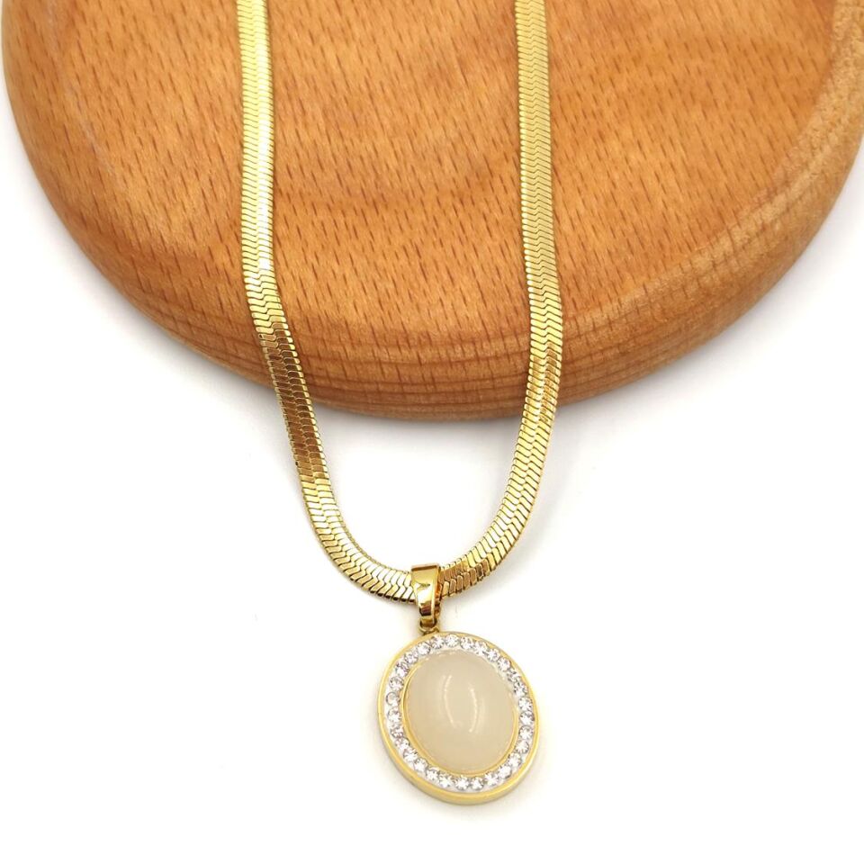 OVAL TAŞLI VINTAGE YASSI ÇELİK KOLYE