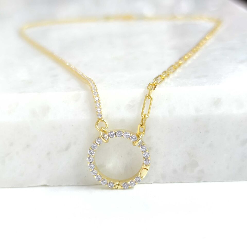 KİLİT DETAYLI SU YOLU ZİNCİR GÜMÜŞ KOLYE ALTIN SARI - STD