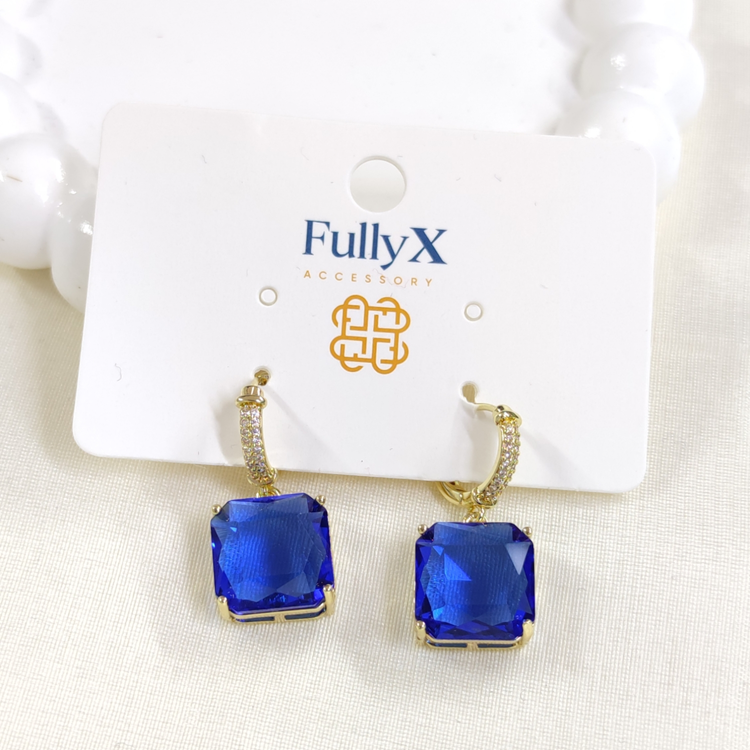FULLYX  15 MM MAVİ KARE TAŞLI 11 MM HALKA KÜPE GOLD