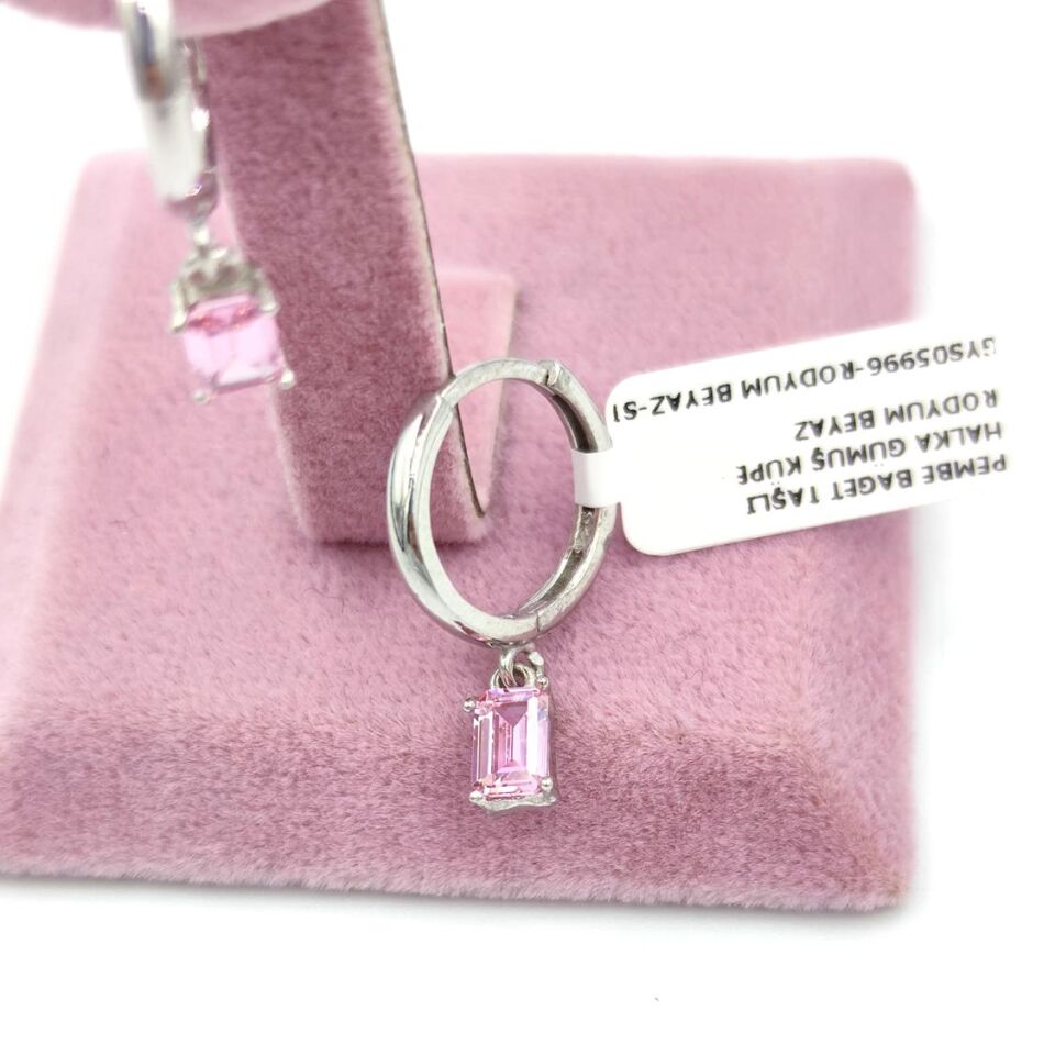 PEMBE BAGET TAŞLI HALKA GÜMÜŞ KÜPE