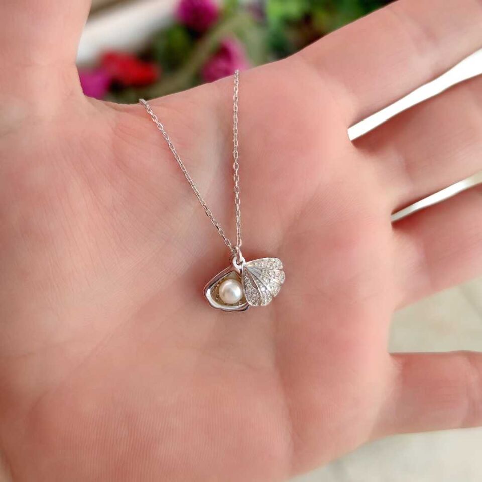 KAPAKLI İNCİLİ İSTİRİDYE DENİZ KABUĞU GÜMÜŞ KOLYE RODYUM BEYAZ - STD