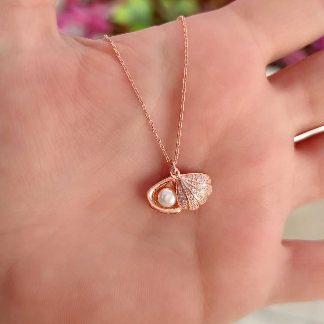 KAPAKLI İNCİLİ İSTİRİDYE DENİZ KABUĞU GÜMÜŞ KOLYE ROSE BAKIR - STD