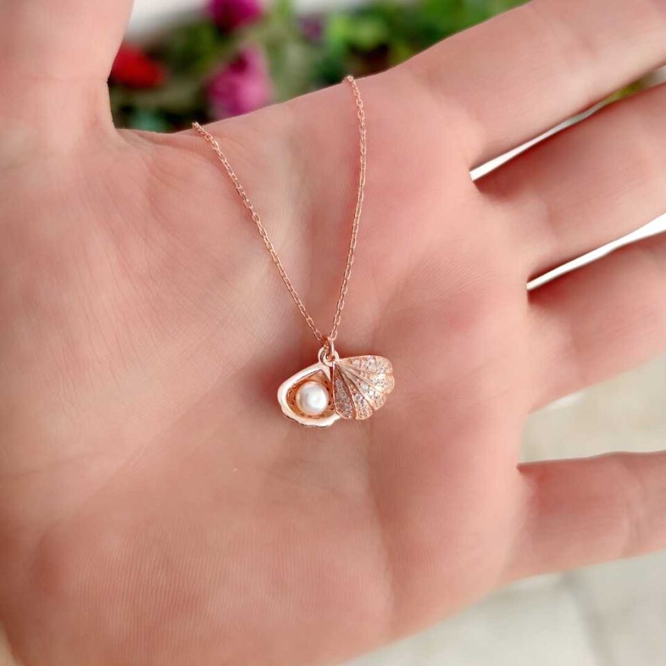 KAPAKLI İNCİLİ İSTİRİDYE DENİZ KABUĞU GÜMÜŞ KOLYE ROSE BAKIR - STD