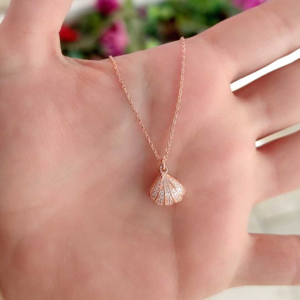 KAPAKLI İNCİLİ İSTİRİDYE DENİZ KABUĞU GÜMÜŞ KOLYE ROSE BAKIR - STD