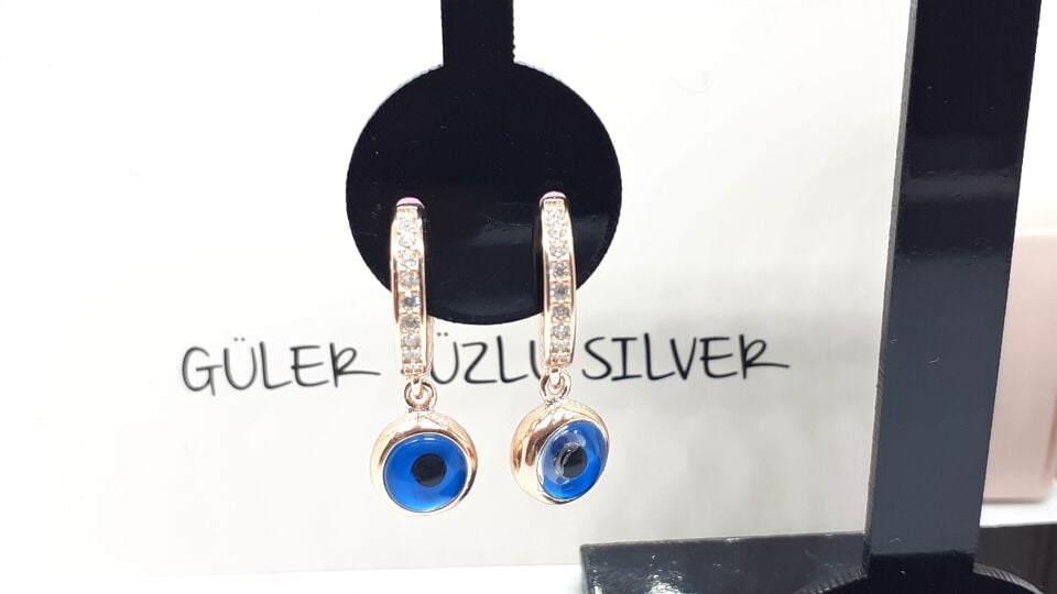 TAŞLI BÜYÜK CAM GÖZ HALKA GÜMÜŞ KÜPE