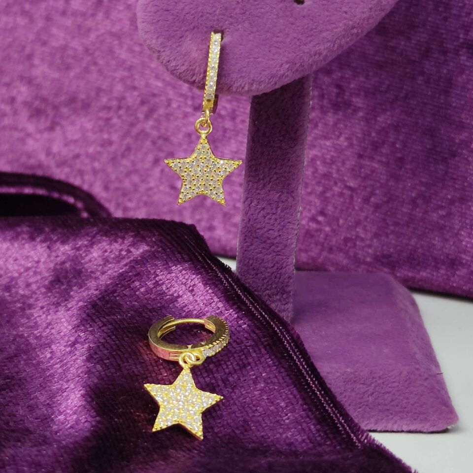 TAŞLI YILDIZ HALKA GÜMÜŞ KÜPE ALTIN SARI - STD