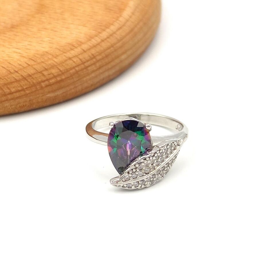 MİSTİK TOPAZ DAMLA YAPRAK GÜMÜŞ YÜZÜK