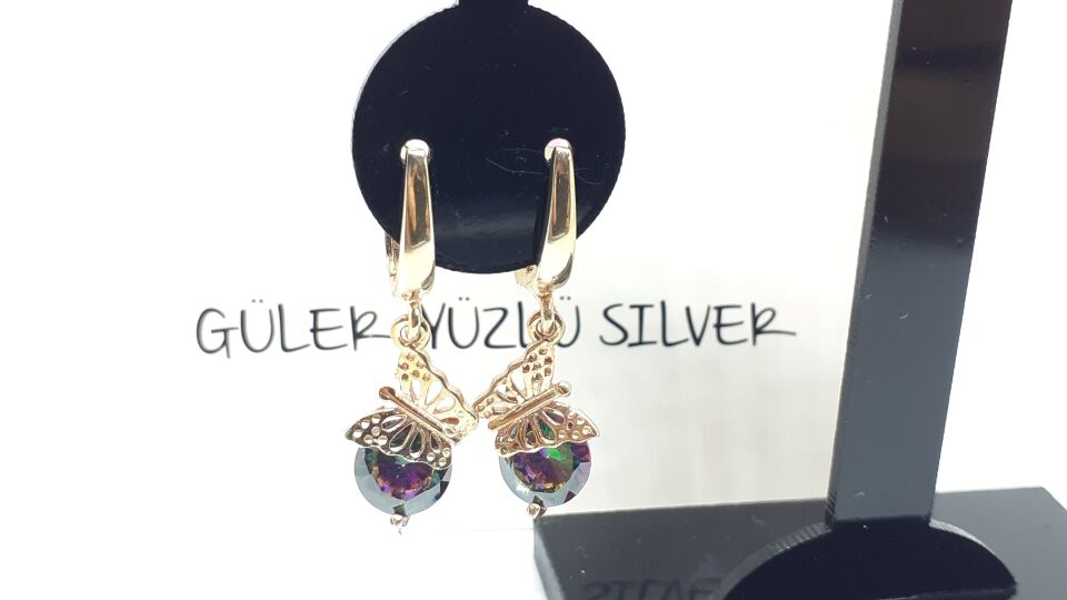 SALLANTILI KELEBEKLİ MİSTİK TOPAZ GÜMÜŞ KÜPE