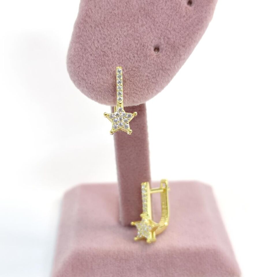 TAŞLI YILDIZ J GÜMÜŞ KÜPE ALTIN SARI - STD